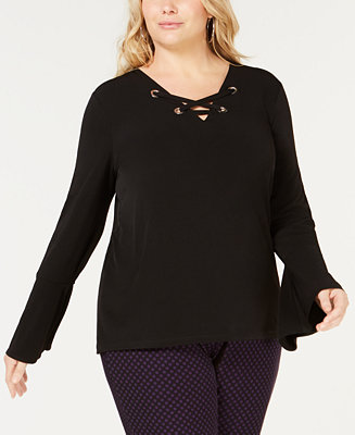 Michael Kors Plus Size Lace-Up Bell-Sleeve Top - Macy's