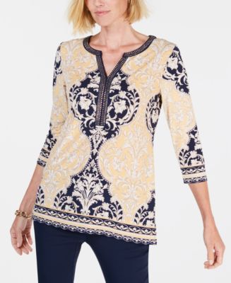 売れ筋商品|||ジェイエムコレクション カットソー トップス レディース Women's Embellished Split-Neck Tunic, Exclusively at Macy's Deep Black Jm Collection Women's Printed Embellished Split-Neck Top