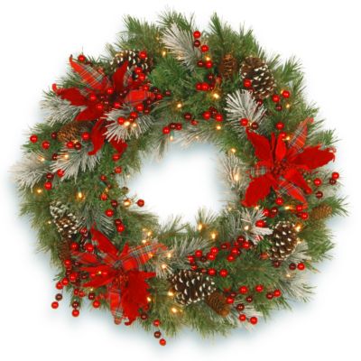 National Tree Company - 30" Decorative Collection Tartan Plaid Wreath with Cones Red Berries & Poinsettias 100 WarmWhite Battery Operated LED's w/Timer