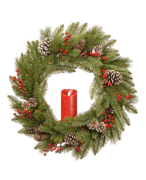 National Tree Company 24 Feel Real Bristle Berry Wreath With Red Electronic Candle Red Berries Cones Reviews All Holiday Lane Home Macy S