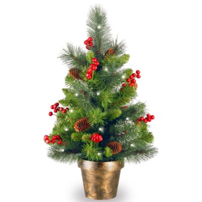 National Tree Company - 2' Crestwood Spruce Small Tree with Silver Bristle, Cones, Red Berries and Glitter in a Plastic Bronze Pot with 35 Battery Operated Clear LED Lights
