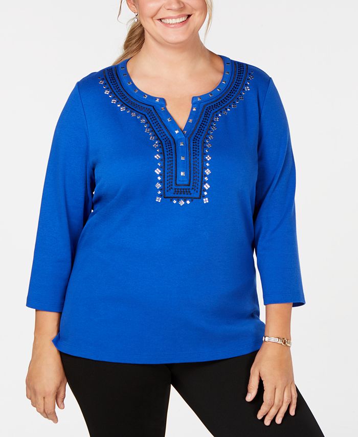 Karen Scott Plus Size Embellished Split-Neck Top, Created for Macy's ...