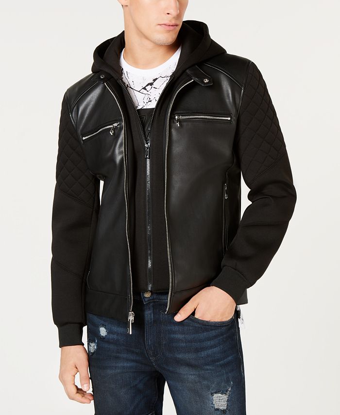 GUESS Men's Mix-Media Faux-Leather Moto Jacket with Removable Hood ...