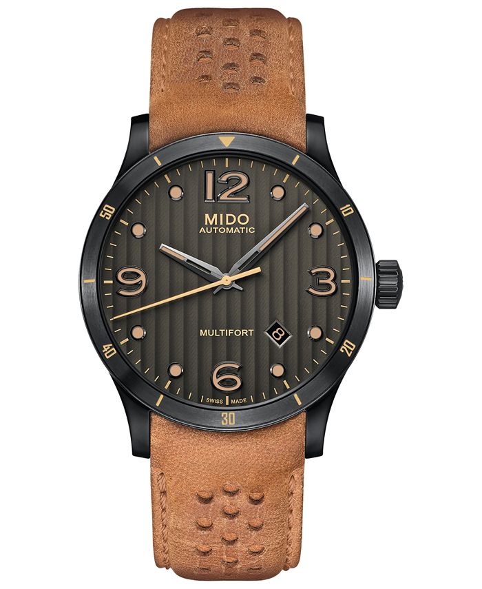 Mido - Men's Swiss Automatic Multifort Brown Leather Strap Watch 42mm