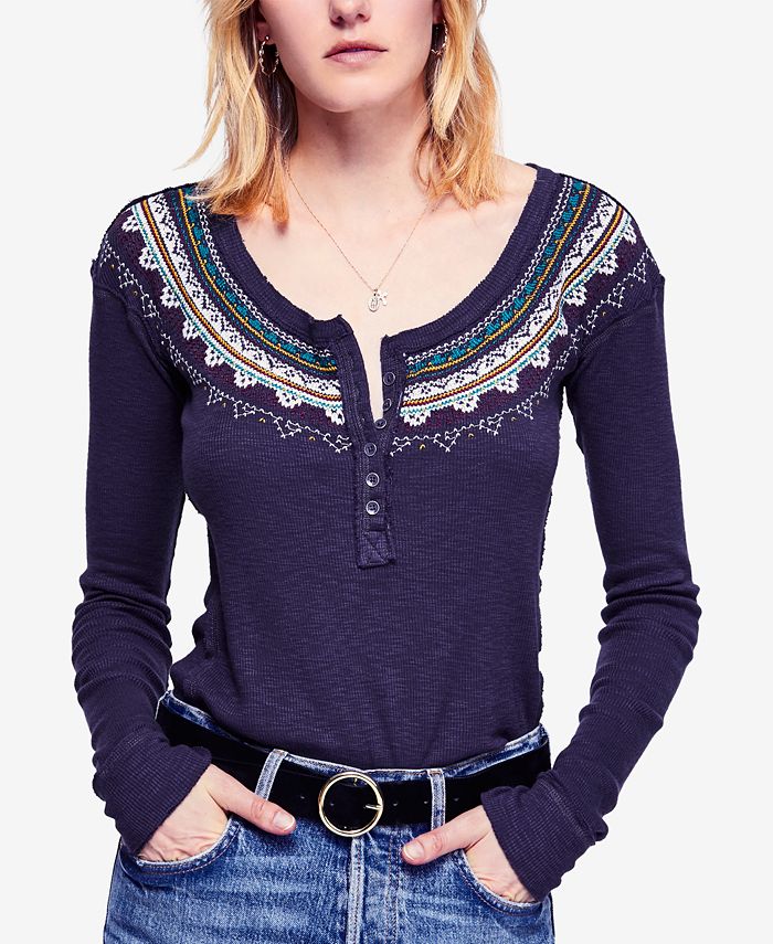 Free People FAIISLE THERMAL Top Charcoal Grey Embroidery Winter