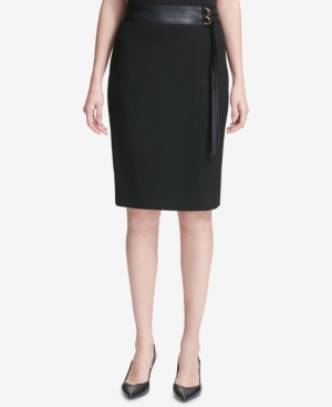 CALVIN KLEIN FAUX-LEATHER BELTED PENCIL SKIRT