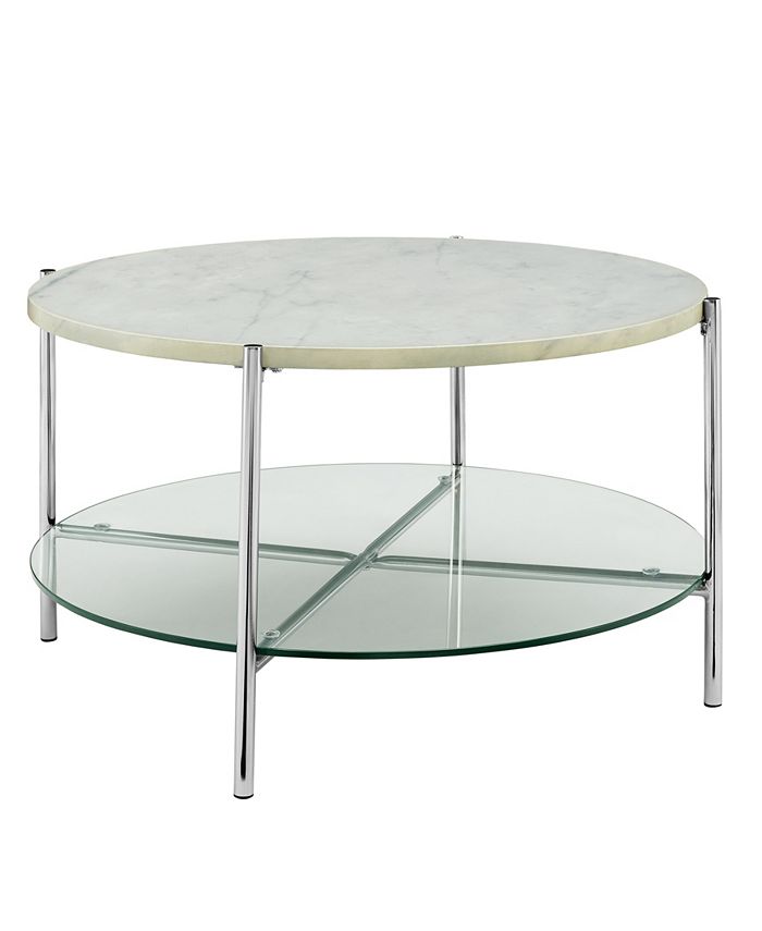 Walker Edison - 32 inch Round Coffee Table in White Faux Marble with Glass Shelf and Chrome Legs
