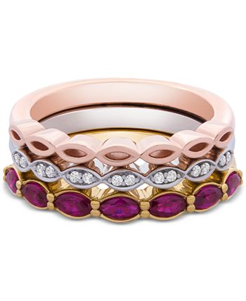 Macy's - 3-Pc. Set Lab-Created Ruby (9/10 ct. t.w.) & White Sapphire Accent Stack Rings in Sterling Silver, Gold-Plate & Rose Gold-Plate