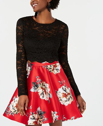 City Studios Junior's 2 Pc Lace Up Top & Printed Skirt Dress Blue Size 7