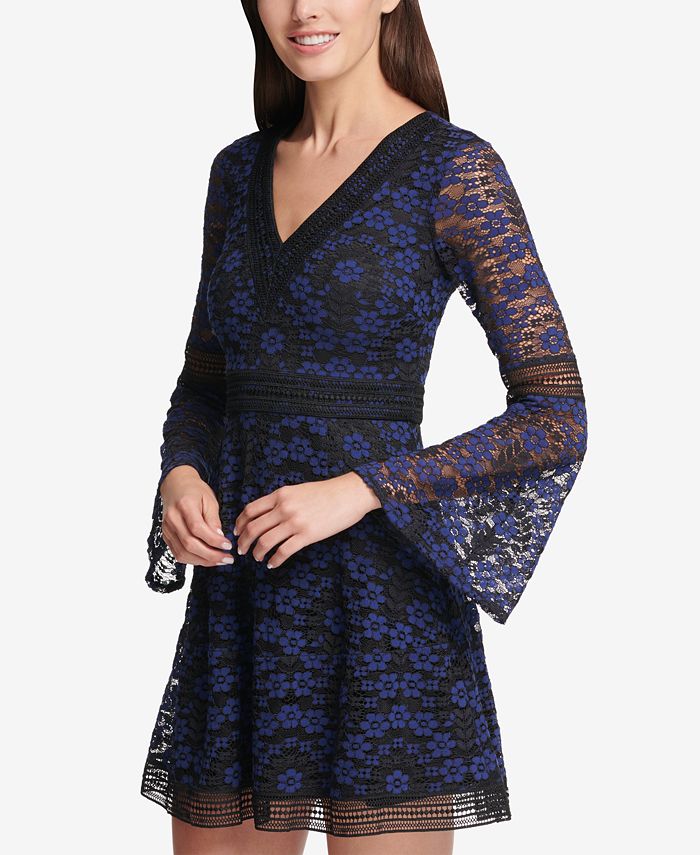 kensie Lace Bell-Sleeve Fit & Flare Dress - Macy's