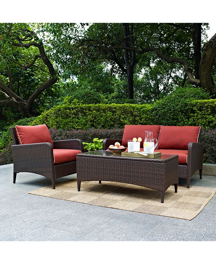 Crosley Kiawah 3 Piece Outdoor Wicker Seating Set With Sangria Cushions