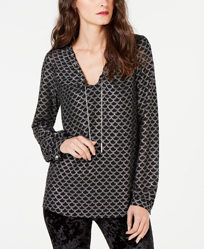 Michael Kors Womens Micro Check Print Tunic Top Silver Size Petite Small