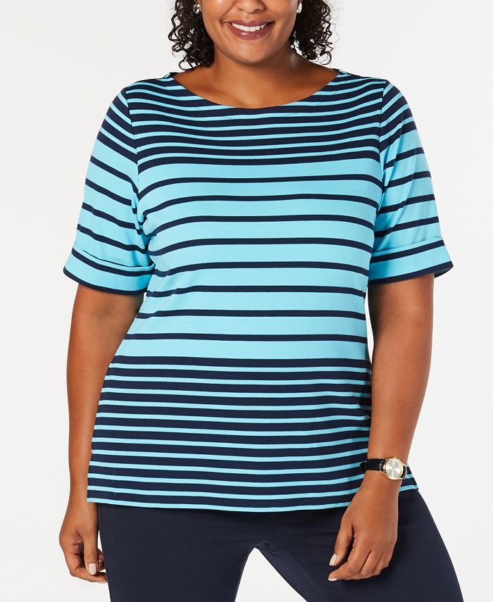 Karen Scott Plus Size Striped Elbow-Sleeve Top, Created for Macy's ...
