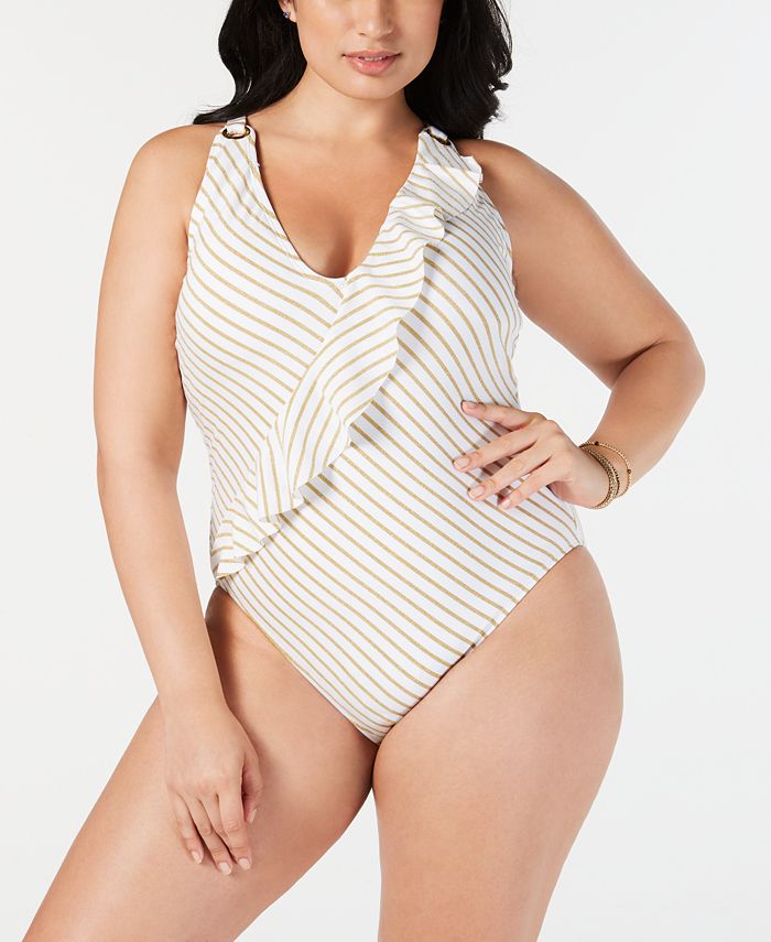 Lauren Ralph Lauren Plus Size Metallic Striped Ruffled Cross Back Tummy Control One Piece 9697