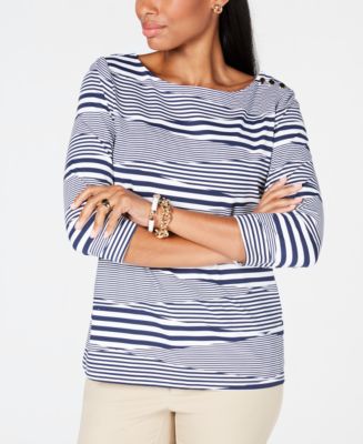 Charter Club Women's Cotton Striped Boat neck Top White/Blue Size Petite S/M