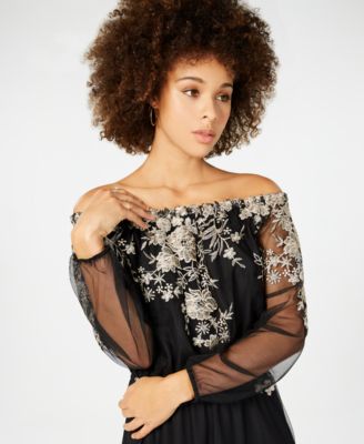 Nine West Gold-Embroidered Off-The-Shoulder Maxi Dress - Macy's
