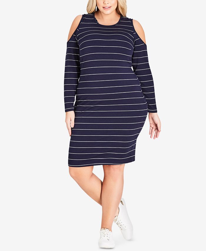 City Chic Trendy Plus Size Striped Cold-Shoulder Dress - Macy's