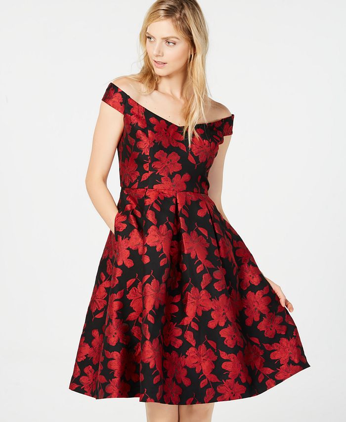 Calvin Klein Off-The-Shoulder Brocade Fit & Flare Dress - Macy's