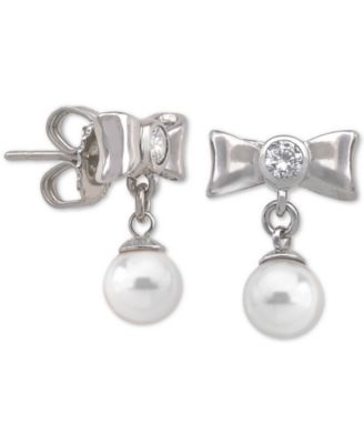 Majorica - Sterling Silver Cubic Zirconia Bow & Imitation Pearl Drop Earrings