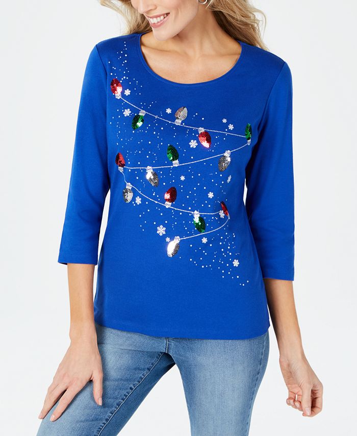 Karen Scott Petite 3/4 Sleeve Holiday Cotton T-Shirt, Created for Macy ...