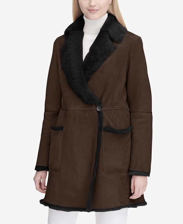 Calvin Klein Wrap-Front Shearling Coat - Macy's
