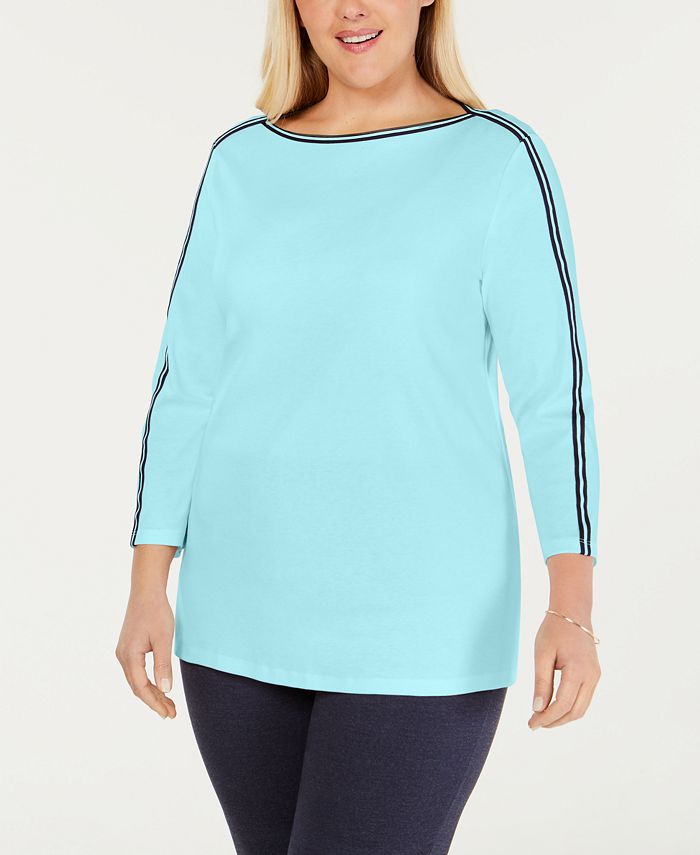 Charter Club Plus Size Cotton AthleticTrim Top, Created for Macy's