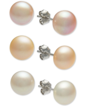 image of 3-Pc. Set White, Pink & Peach Cultured Freshwater Button Pearl (8mm) Stud Earrings in Sterling Silver
