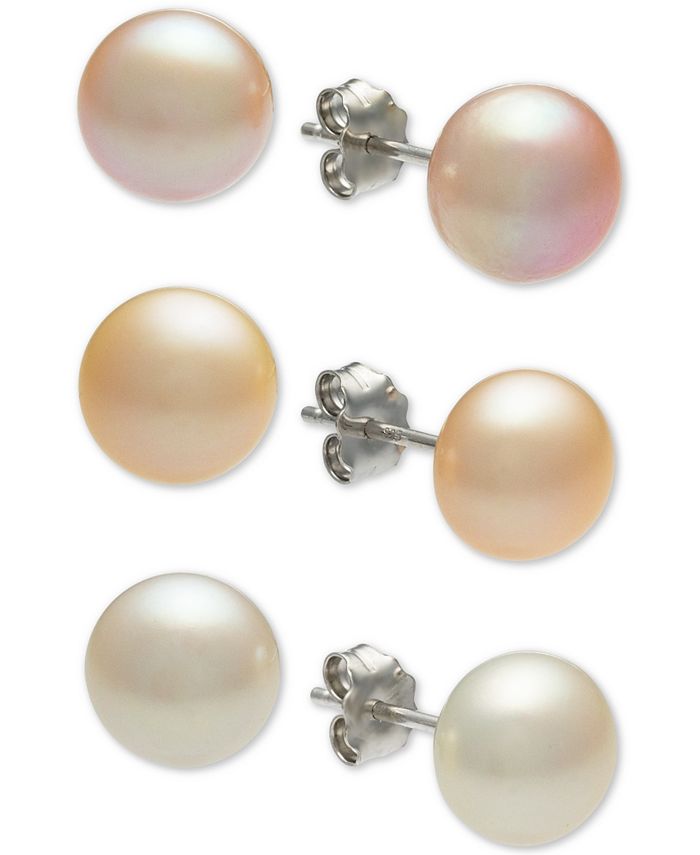 Macy's - 3-Pc. Set White, Pink & Peach Cultured Freshwater Button Pearl (8mm) Stud Earrings in Sterling Silver