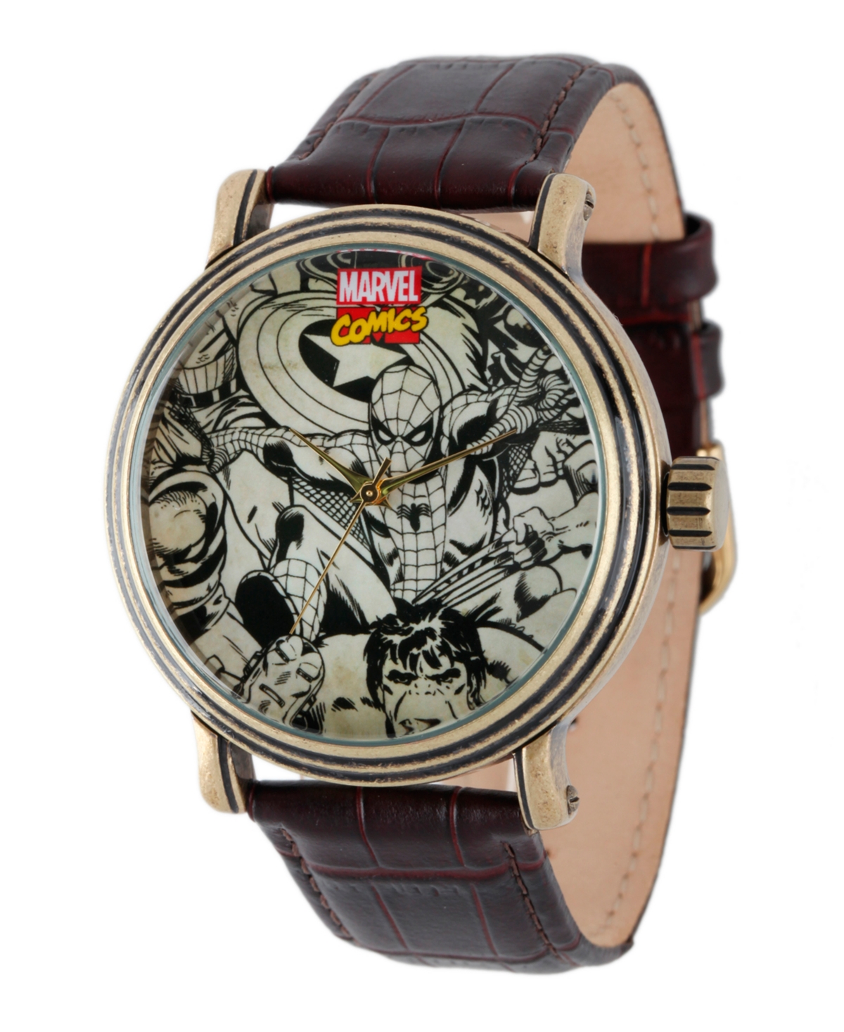 Marvel Spider-Man, Iron Man, Hulk, Captain America Men's Vintage Gold Antique Alloy Watch - Brown