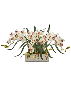 NEARLY NATURAL CYMBIDIUM ARTIFICIAL ARRANGEMENT IN WHITE VASE 