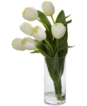 Nearly Natural Tulip Artificial Arrangement In Cylinder Vase In White
