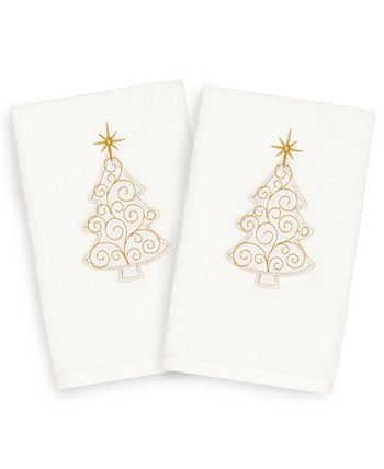 Linum Home - Textiles Christmas Scroll Tree - Embroidered Luxury 100% Turkish Cotton Hand Towels Set of 2