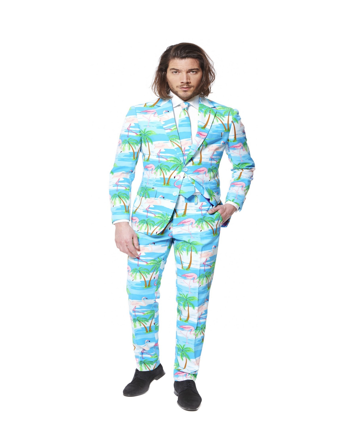 Men's Flamingo Print Costume - Slim Fit - Includes Matching Blazer Jacket - Pants & Tie - Tropical Party Costumes - Multicolor