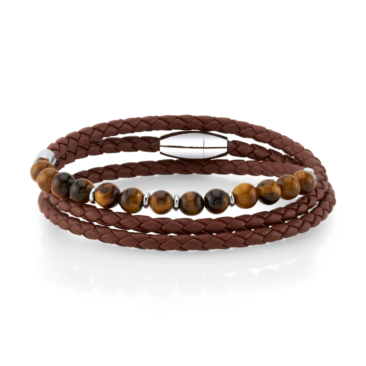 Brown Leather and Tiger Eye Bead Triple Wrap Bracelet with Stainless Steel Clasp, 26" - Brown/Stainless Steel