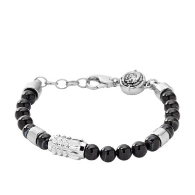 Diesel - Men's Silver Tone and Black Agate Stainless-Steel Beaded Bracelet
