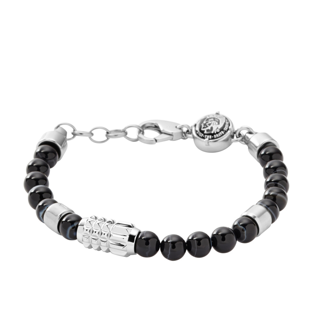 Men's Silver Tone and Black Agate Stainless-Steel Beaded Bracelet - Silver
