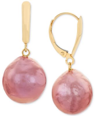 Cultured Pink Ming Pearl (11-14mm) Drop Earrings in 14k Gold