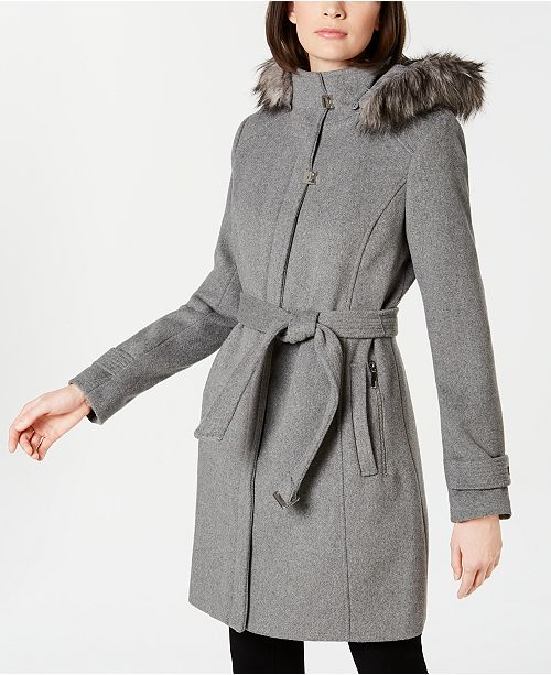 Calvin Klein Faux Fur Trim Belted Walker Coat Reviews Coats