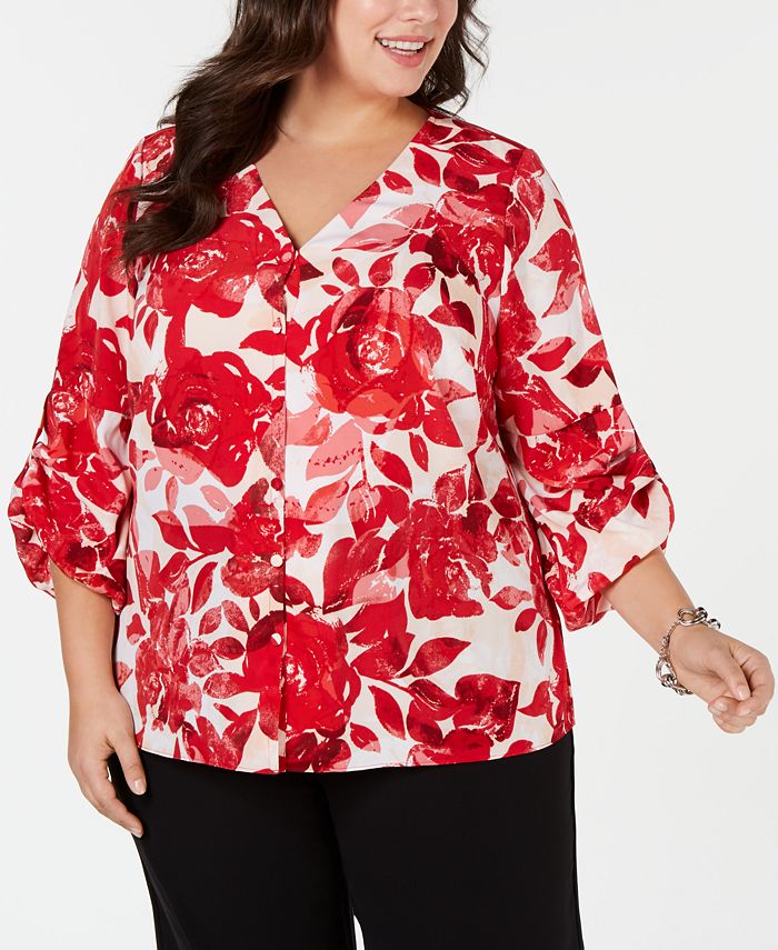 Alfani Plus Size Printed Button-Front Top, Created for Macy's & Reviews ...