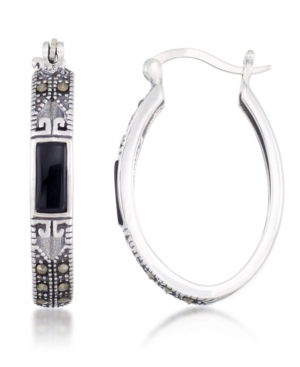 image of Onyx (7.5 x 5.3mm) & Marcasite Oval Hoop Earrings in Sterling Silver
