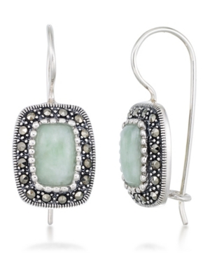 image of Jade (9 x 6mm) & Marcasite Rectangle Earrings in Sterling Silver