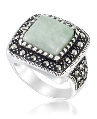 Macy's Jade (11 x 11mm) & Marcasite Square Ring in Sterling Silver - Macy's