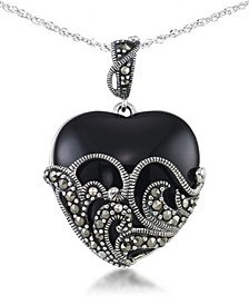 Onyx (24 X 24mm) & Marcasite Heart Pendant on 18" Chain in Sterling Silver