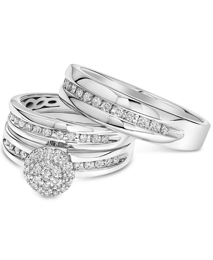 Diamond Wedding 14K White Gold Over Trio His Her Bridal Engagement Band Ring Set 