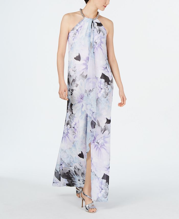 Calvin klein printed halter ruffle gown on sale