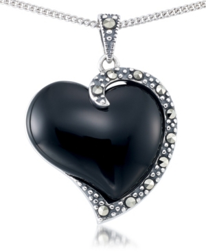 image of Onyx (17X15mm) & Marcasite Heart Pendant in Sterling Silver
