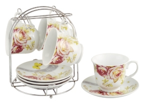 Lorren Home Trends Set Of 4 Coffee Cups On Metal Stand In Pink Floral