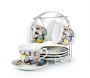 Lorren Home Trends Set Of 4 Coffee Cups On Metal Stand In Butterfly