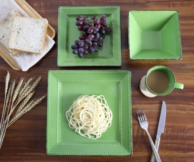 16 Piece Square Beaded Stoneware Dinnerware set, Service for 4