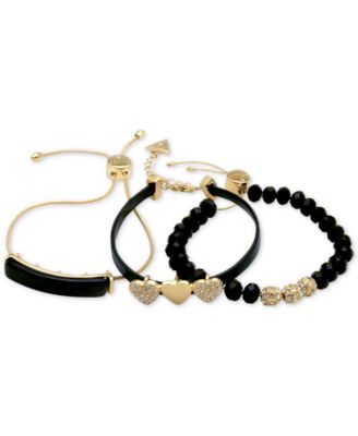 GUESS - Gold-Tone 3-Pc. Set Crystal, Heart & Bead Faux Leather Slider Bracelets